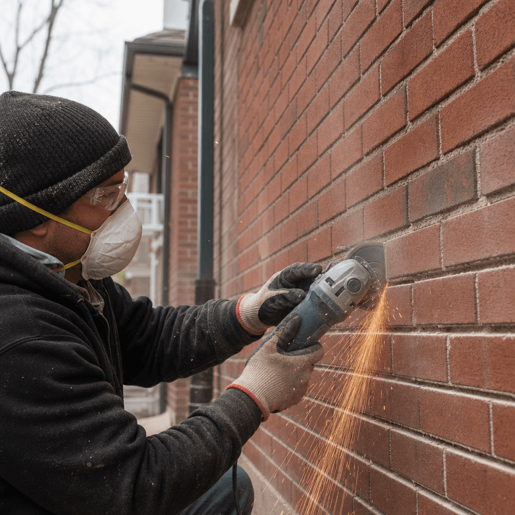 Masonry crew cutting out old mortar joints before repointing